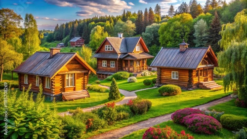 Three charming wooden houses, a candid glimpse of Tutaev Park's rustic beauty and scenic Russian landscape. photo