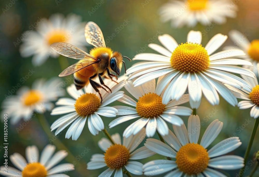 A honey bee collecting pollen from multiple chamomile flowers in quick succession, wildflowers, pollen collection A honey bee collecting pollen from multiple chamomile flowers in quick succession, wildflowers, pollen collection