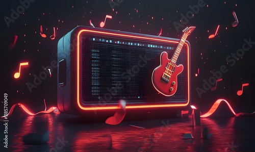 Red electric guitar on a glowing music player with musical notes.