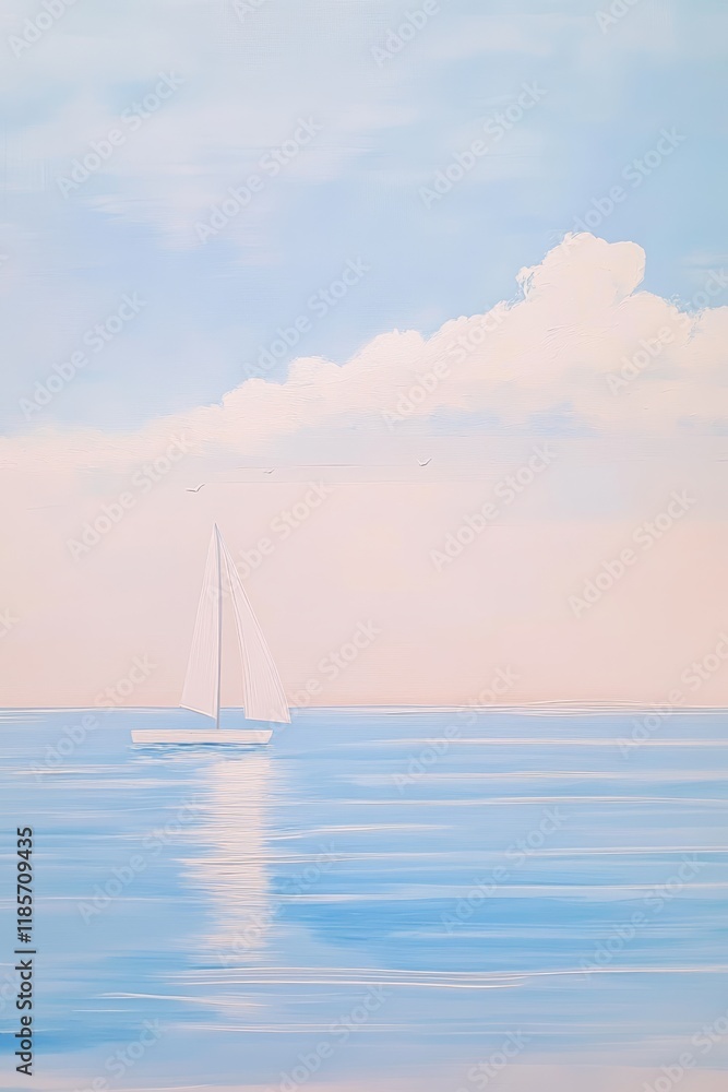 Fototapeta Sailing boat on calm waters with soft blue sky and gentle clouds, perfect scene for relaxation, travel inspiration, or coastal living lifestyle visual.