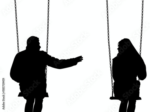 Silhouette illustration of men and women playing on a swing, white background vector 