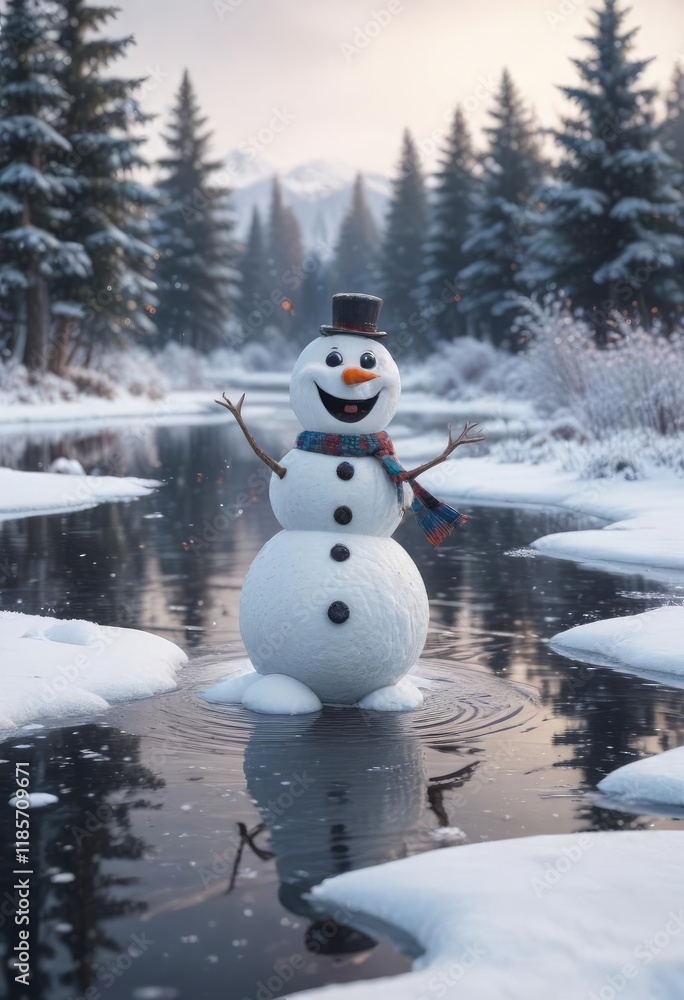 A happy snowman in the center of a frozen pond with ice skaters gliding across the surface and snowflakes gently falling around him , snowflake, frosty A happy snowman in the center of a frozen pond with ice skaters gliding across the surface and snowflakes gently falling around him , snowflake, frosty