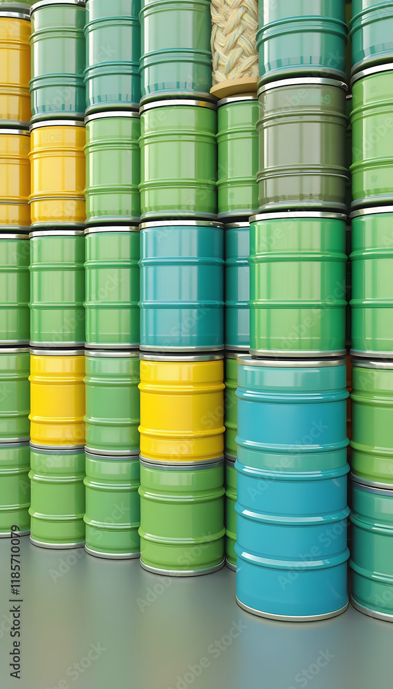 Wall of biofuel barrels or biodiesel drums. Sustainable energy concept. 3d render illustration, with white tones Wall of biofuel barrels or biodiesel drums. Sustainable energy concept. 3d render illustration, with white tones
