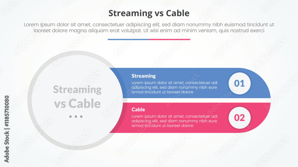 streaming services vs cable comparison opposite infographic concept for slide presentation with big circle left and slice round rectangle with flat style streaming services vs cable comparison opposite infographic concept for slide presentation with big circle left and slice round rectangle with flat style