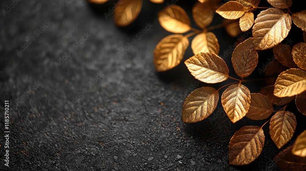 Elegant Golden Leaves on Dark Textured Background Festive Holiday Design Concept Elegant Golden Leaves on Dark Textured Background Festive Holiday Design Concept