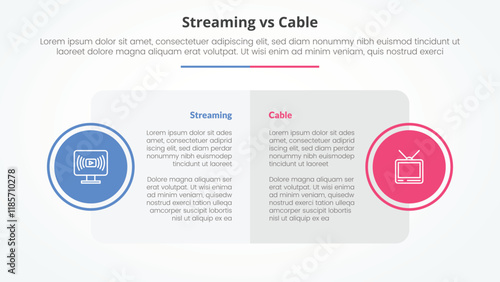 streaming services vs cable comparison opposite infographic concept for slide presentation with big box table and circle badge on side with flat style