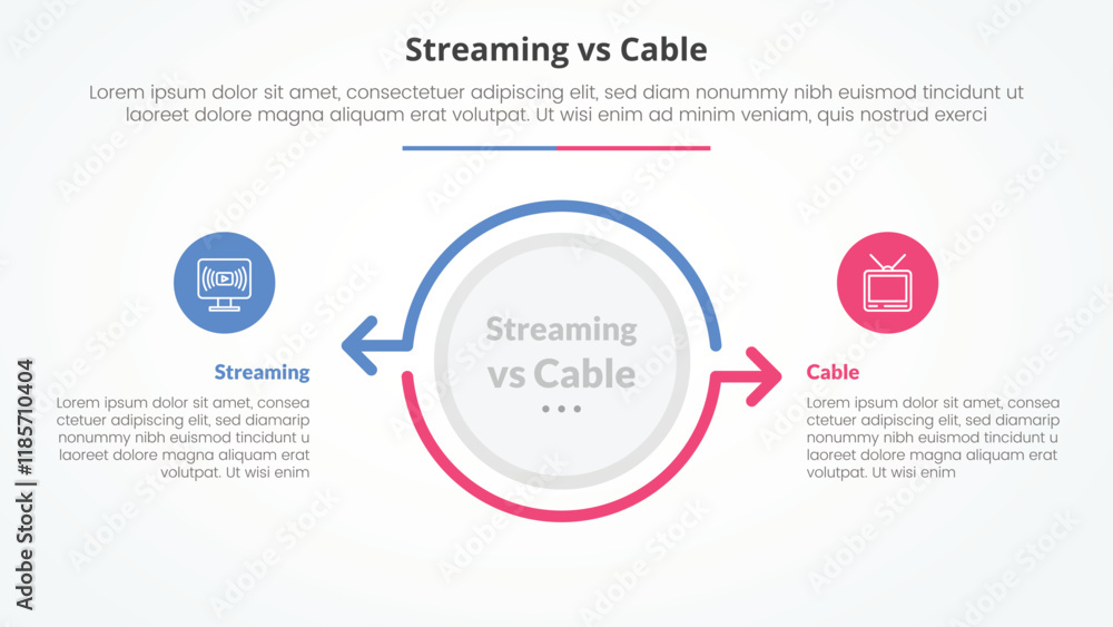 streaming services vs cable comparison opposite infographic concept for slide presentation with big circle and arrow outline opposite direction with flat style streaming services vs cable comparison opposite infographic concept for slide presentation with big circle and arrow outline opposite direction with flat style