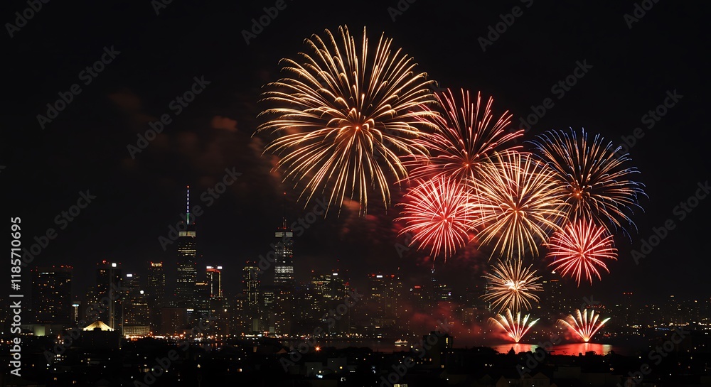 Festive Fireworks Display over City Skyline at Night Festive Fireworks Display over City Skyline at Night