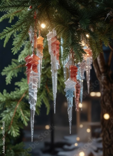 A group of clear and colored icicles made of glass or plastic hang from a darkened branch on a large Christmas tree, textures, metallic, evergreen