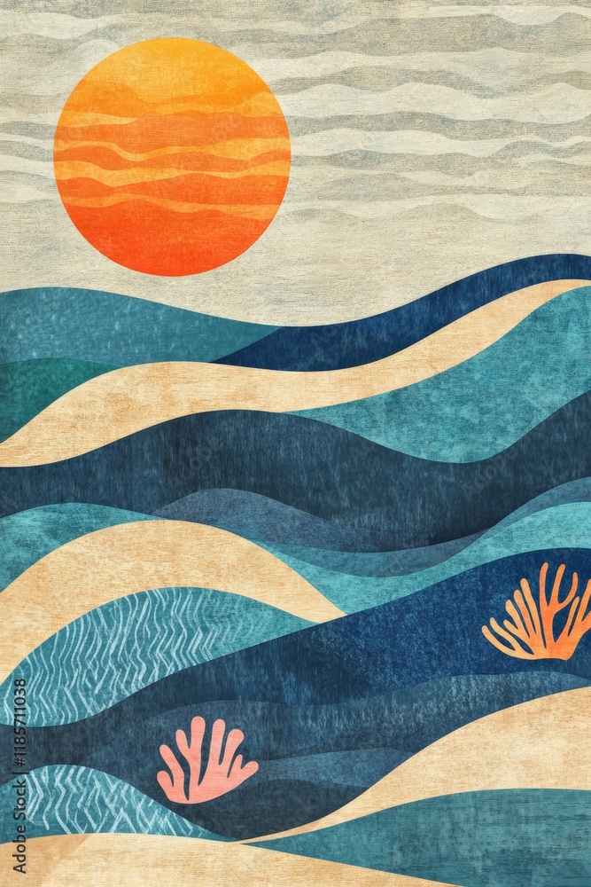 Sunset over stylized ocean waves with coral, depicting a serene seaside landscape for beach-themed decor, relaxation, and nature-inspired design concepts. Sunset over stylized ocean waves with coral, depicting a serene seaside landscape for beach-themed decor, relaxation, and nature-inspired design concepts.