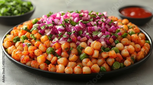 Roasted Chickpeas and Pea Salad with Red Onions and Spicy Sauce