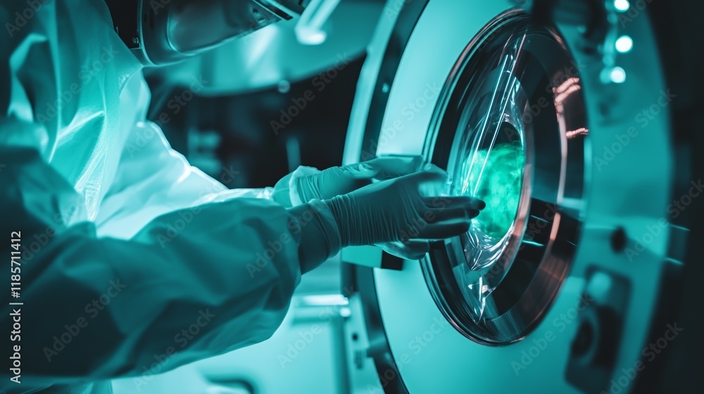 Scientist in protective gear operating advanced radiation equipment, showcasing dedication to scientific research and safety protocols. Scientist in protective gear operating advanced radiation equipment, showcasing dedication to scientific research and safety protocols.