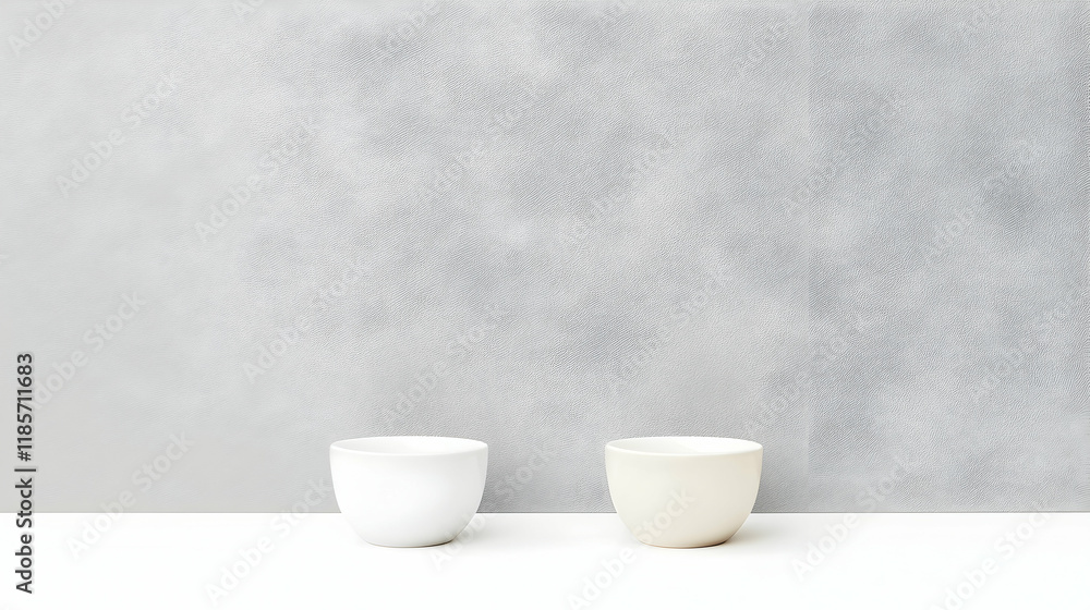 Two minimalist ceramic bowls on white surface against textured gray wall; simple product display Two minimalist ceramic bowls on white surface against textured gray wall; simple product display