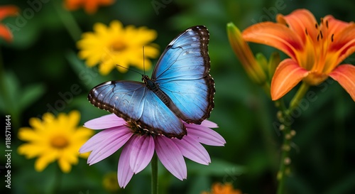 Blue Morpho Butterfly on Pink Flower in Garden
