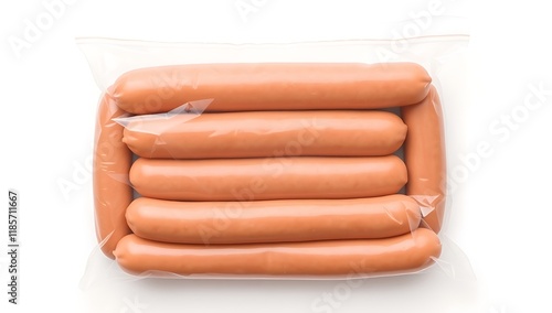 Six sausages in a clear plastic bag on white background. photo