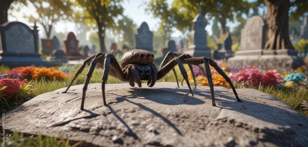 A giant spider crawls across a colorful grave marker, creepy crawlies, spider infestation, spooky graveyard A giant spider crawls across a colorful grave marker, creepy crawlies, spider infestation, spooky graveyard