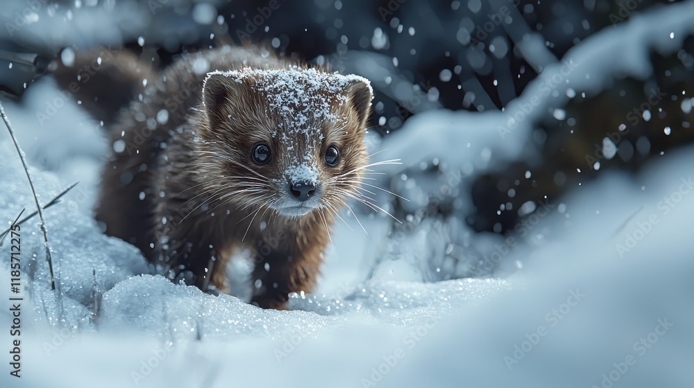 Obraz premium A playful marten traverses a snowy landscape, showcasing its fur coat dusted with snowflakes. The enchanting winter scene captures the beauty of wildlife in a serene setting.