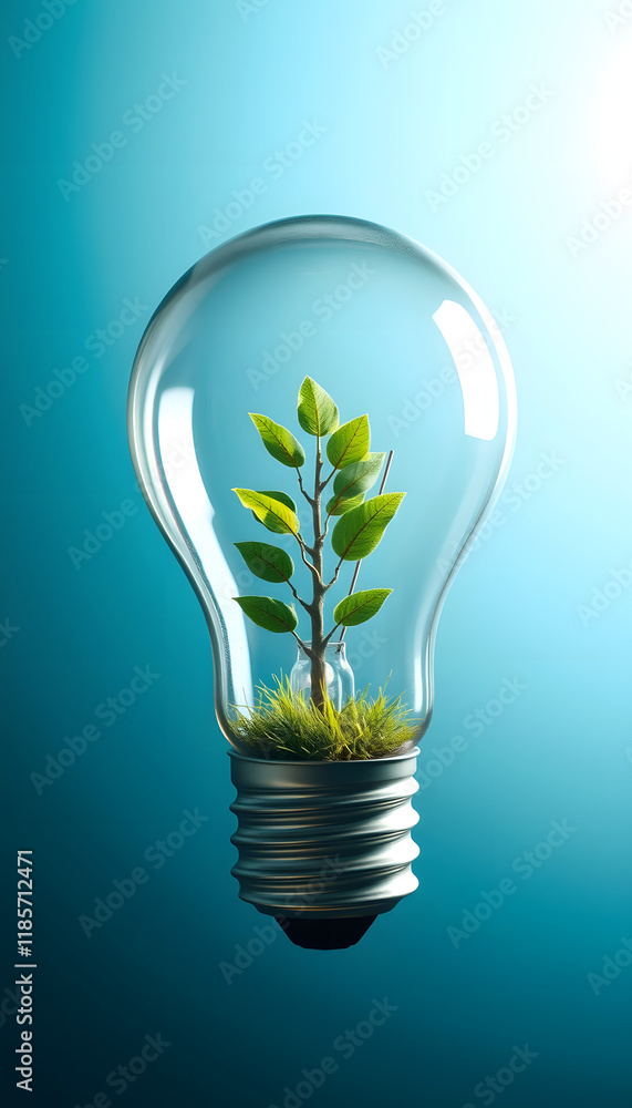 Light bulb with small tree inside on blue: Eco-friendly concept, sustainable growth, green energy solution Light bulb with small tree inside on blue: Eco-friendly concept, sustainable growth, green energy solution