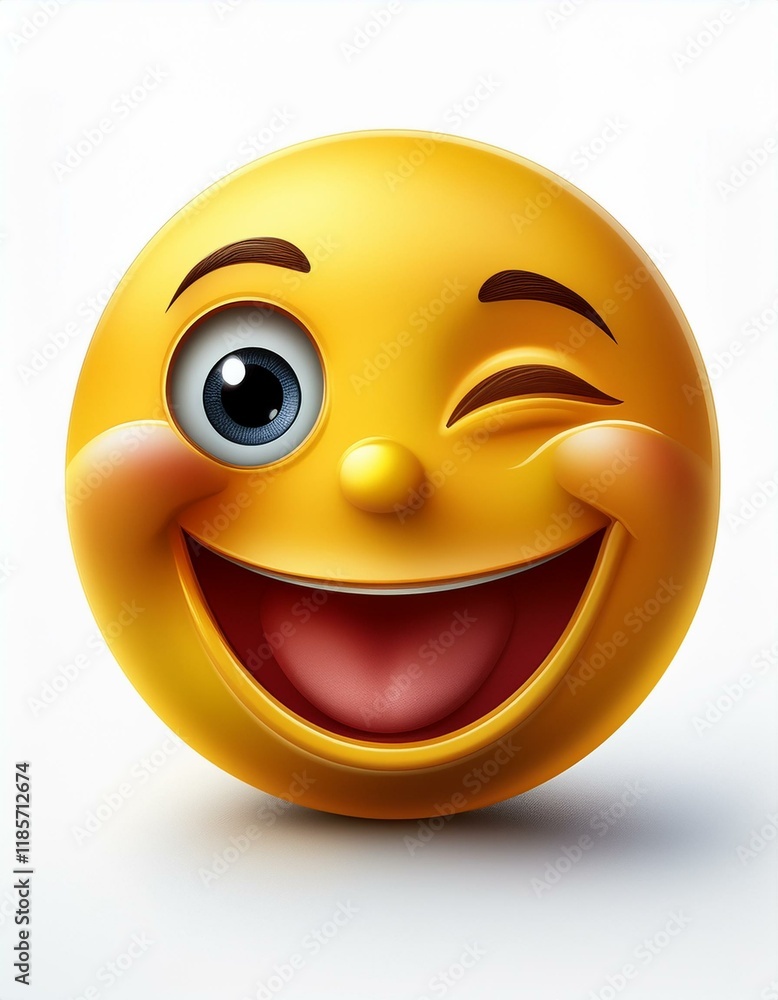 Fototapeta premium A fun-loving emoji with one eye winking mouth open in laughter set against a clean white backdrop with no distractions isolated in white