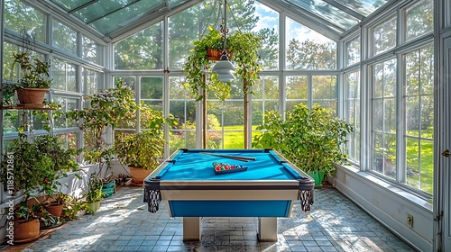 Sunlit conservatory pool table, garden view. Relaxing home leisure photo