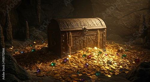 Ancient Treasure Chest Gold Coins Jewels Cave Riches