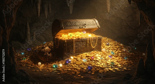 Treasure Chest Gold Coins Gems Cave Riches Fortune Wealth Luxury Mystery Adventure Exploration