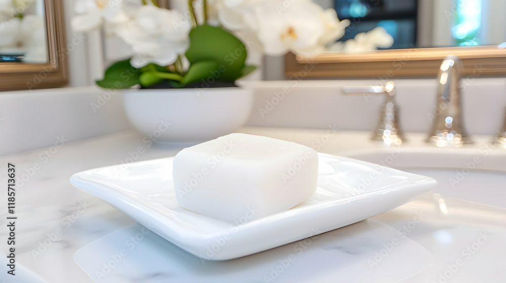 White soap bar on dish, modern bathroom, orchid decor, marble counter, hygiene. White soap bar on dish, modern bathroom, orchid decor, marble counter, hygiene.