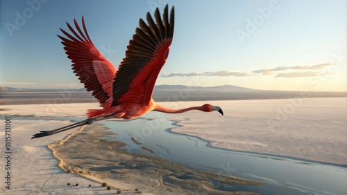 A fine red flamingo spreads its beautiful wings in the sky as it takes flight over a vast landscape, clouds, wildlife, landscape, sky, bird in flight