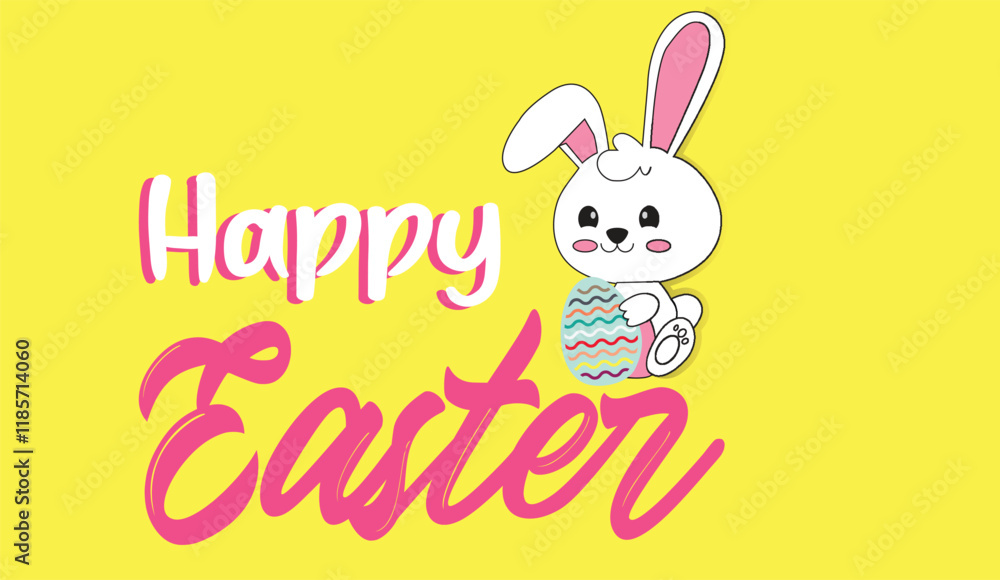 A Cheerful Easter Greeting with a Cute Bunny and Colorful Egg on a Vibrant Yellow Background, Wishing You a Happy Easter A Cheerful Easter Greeting with a Cute Bunny and Colorful Egg on a Vibrant Yellow Background, Wishing You a Happy Easter