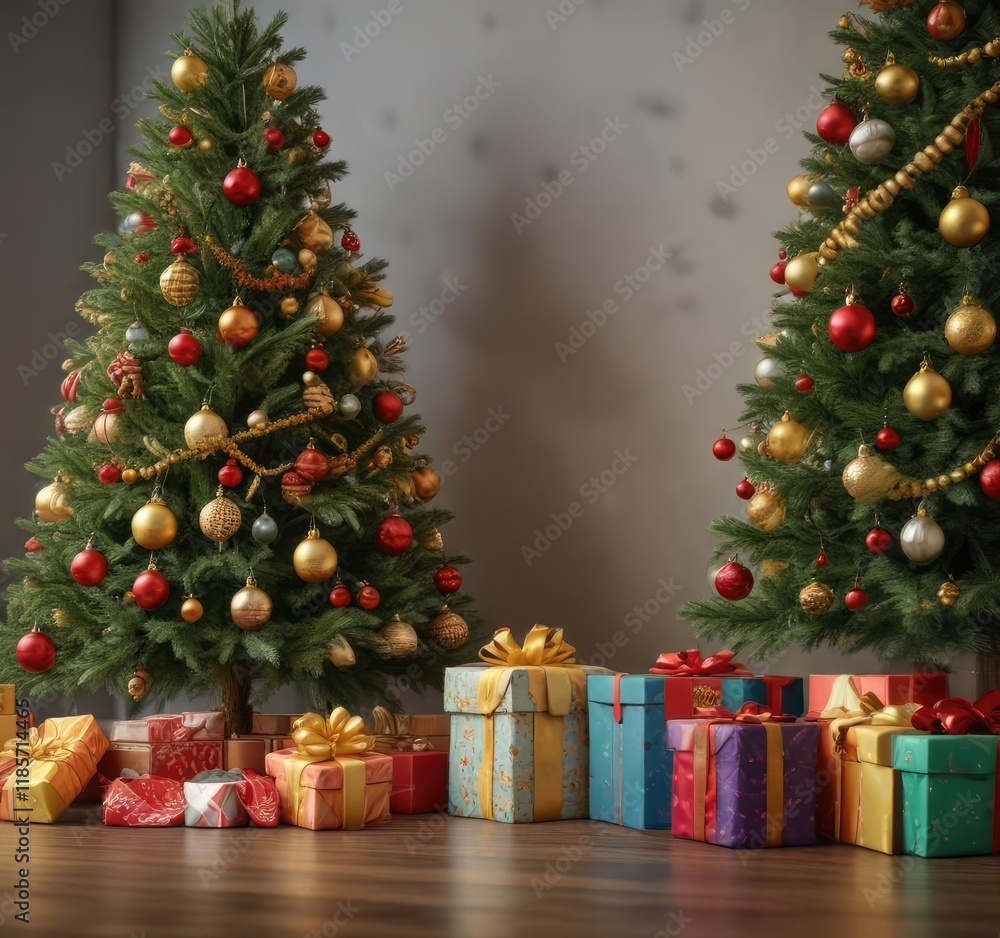 A festive holiday atmosphere featuring a colorful stack of presents and a small Christmas tree adorned with golden ornaments, golden, gift A festive holiday atmosphere featuring a colorful stack of presents and a small Christmas tree adorned with golden ornaments, golden, gift