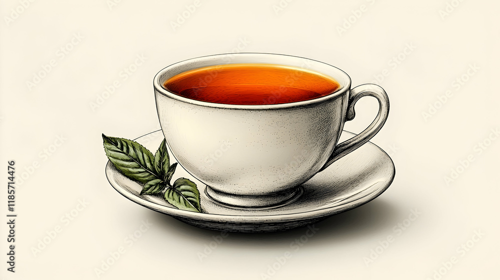 Warm tea cup, saucer, mint leaves, studio background, beverage illustration Warm tea cup, saucer, mint leaves, studio background, beverage illustration