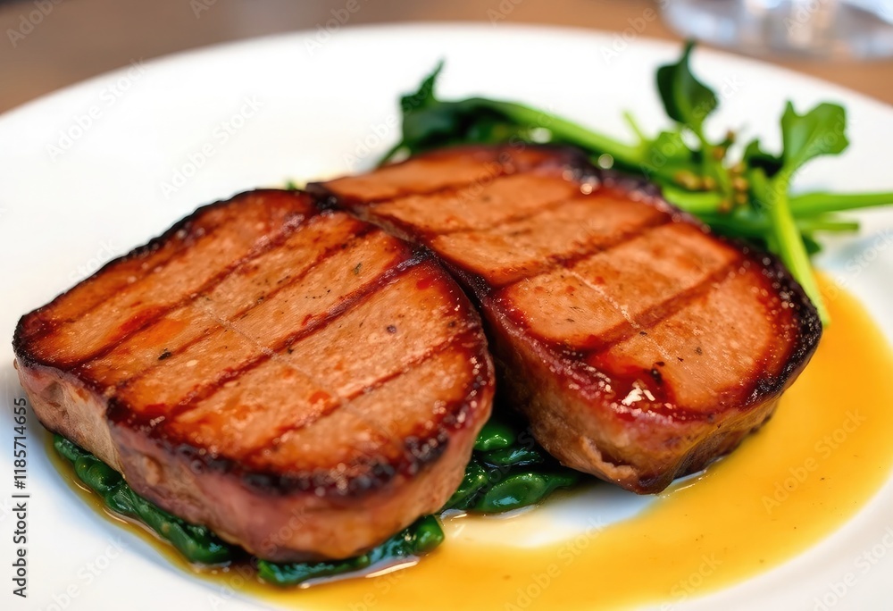 A beautifully plated deer steak cooked to perfection, paired with a bed of sauteed spinach A beautifully plated deer steak cooked to perfection, paired with a bed of sauteed spinach