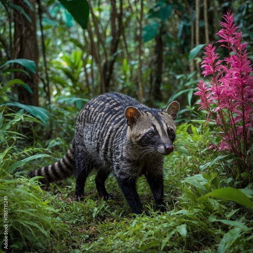 A Malayan civet wandering in a vivid green and pink jungle. photo