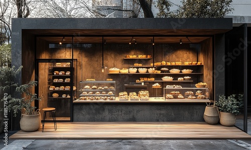 A modern bakery display showcasing various baked goods in an inviting outdoor setting.