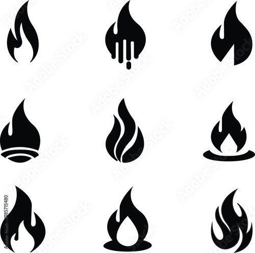 Fire flame fill icon set. Black icon isolated on white background. Fire flame silhouette. Simple icons. Web site page and mobile app design vector element.