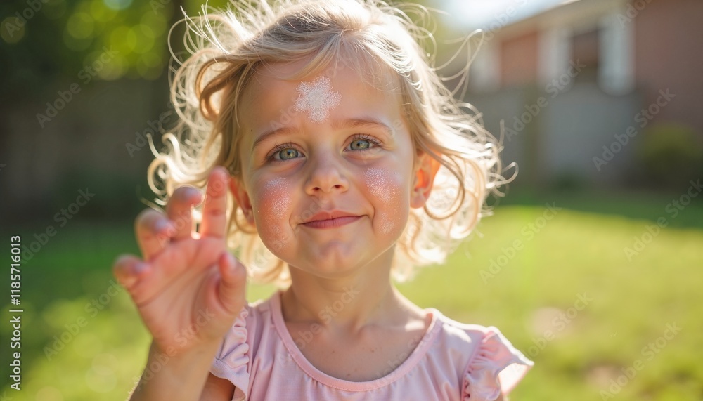 Smiling young girl with glittery sunscreen outdoors in sunny garden, spring skincare concept