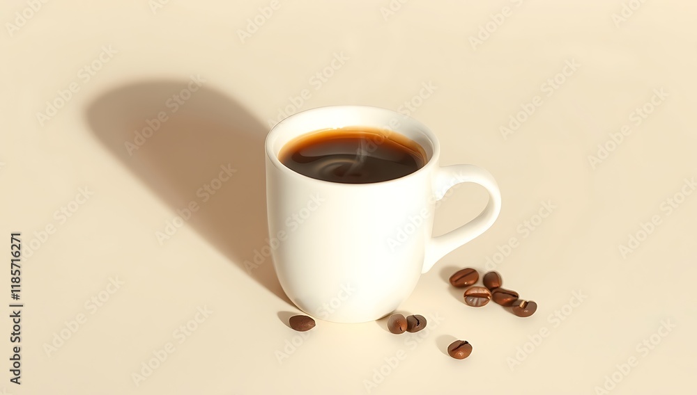 Fototapeta premium Steaming coffee in white mug with beans.