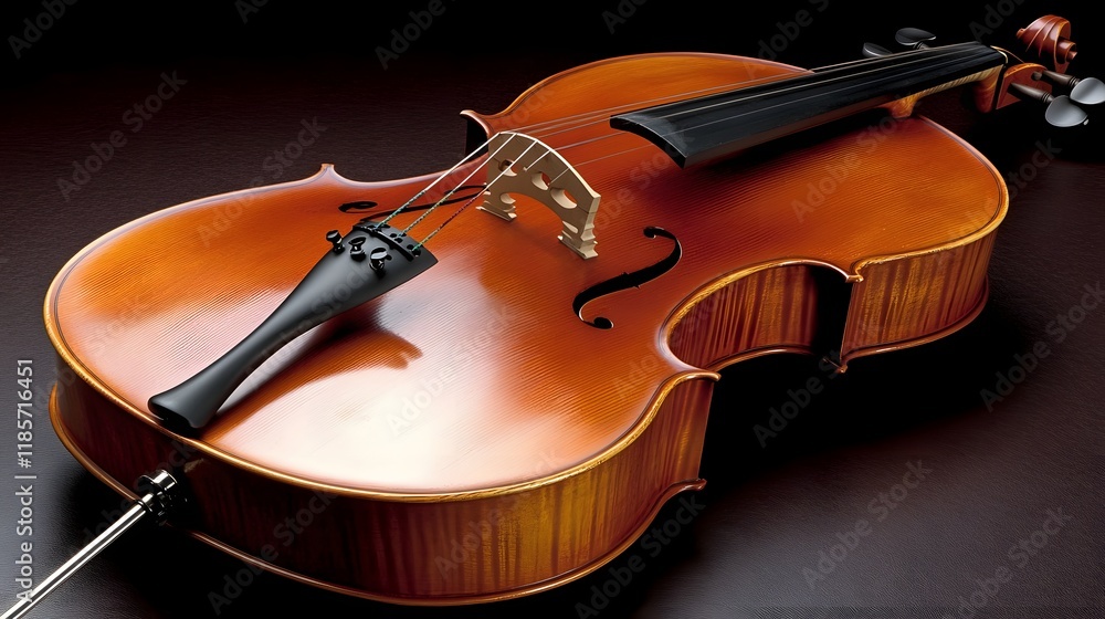 Fototapeta premium Polished Cello Rests on Dark Surface Awaiting Music