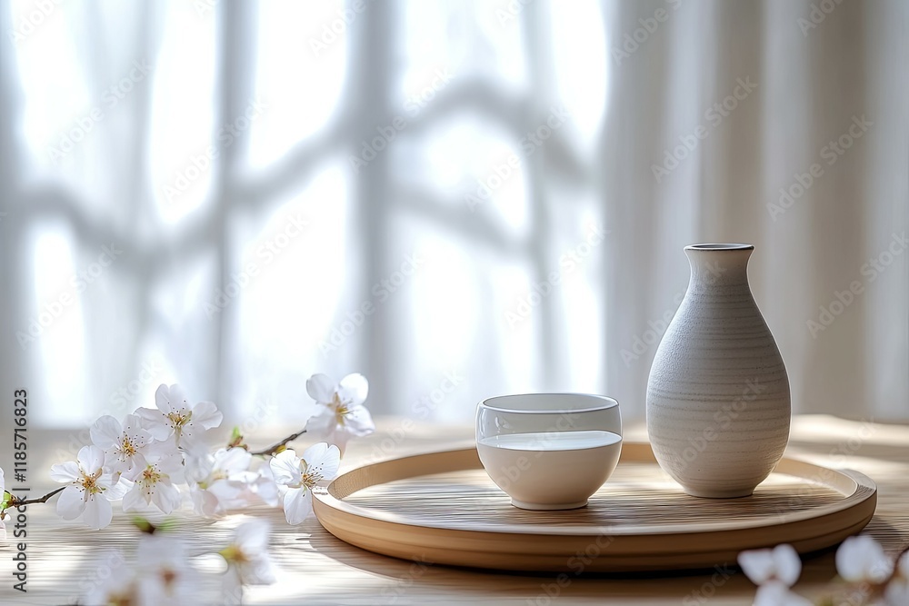 Serene Sake Set: Minimalist Ceramic Vessels with Blooming Cherry Blossoms