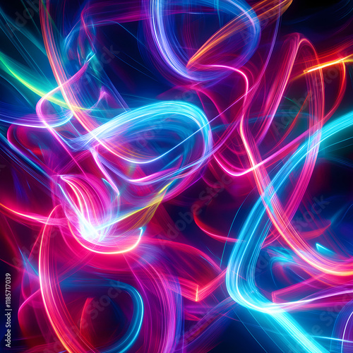 Luminescent Ion Dance: Neon Colors in Harmonious, Abstract Swirls of Electric Paths