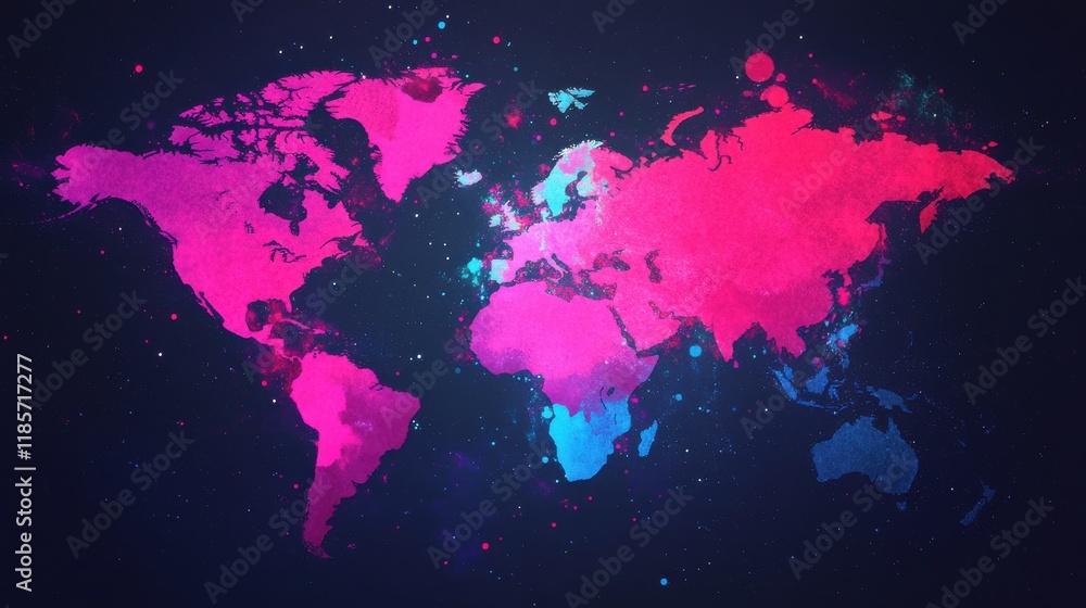 Fototapeta premium visualize global world communication concept. Vibrant world map with colorful abstract design on dark background.
