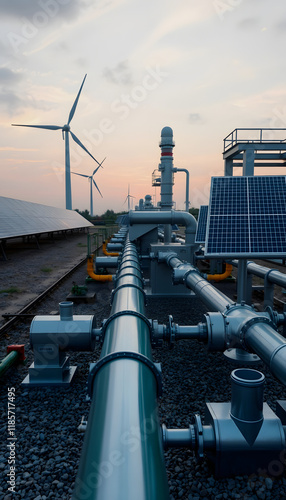 Green Hydrogen renewable energy production pipeline - green hydrogen gas for clean electricity solar and windturbine facility, detailed, with white tones