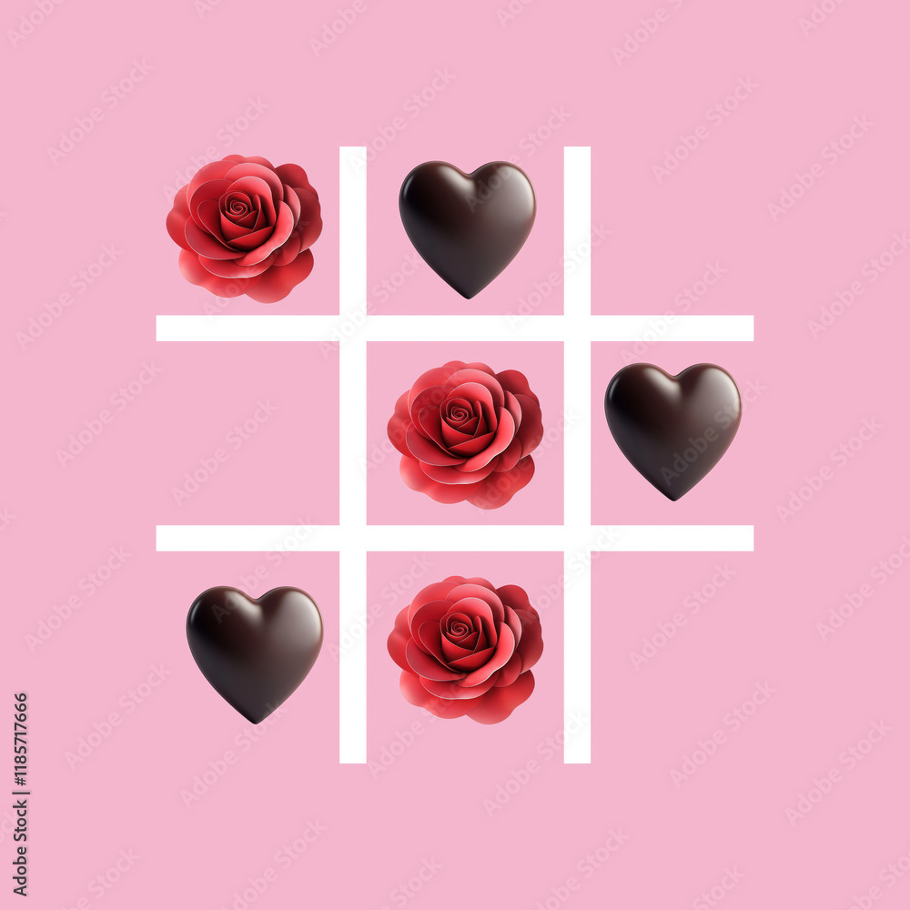 Tic-tac-toe grid with red roses and chocolate hearts symbolizing love and romance on a pink background Tic-tac-toe grid with red roses and chocolate hearts symbolizing love and romance on a pink background