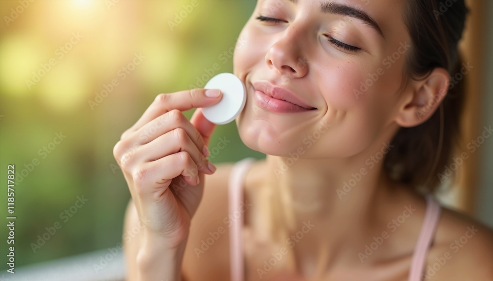 Smiling woman applying skincare product in bright setting, symbolizing healthy skin care