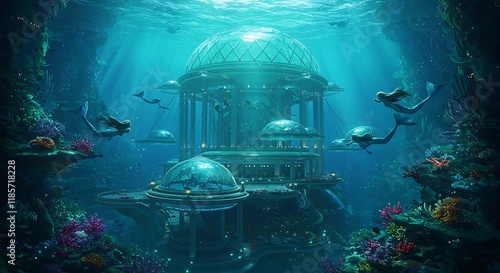 Underwater City Mermaids Ocean Palace Fantasy Coral Reef Marine Life Aquatic Paradise Surreal Scene