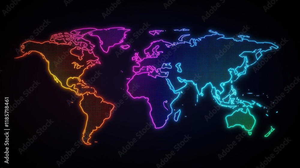 Naklejka premium visualize global world communication concept. Vibrant neon world map with digital elements on a dark background.