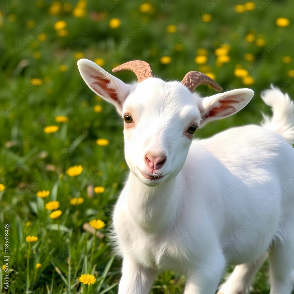 White baby goat standing on green grass with yellow flowers White baby goat standing on green grass with yellow flowers