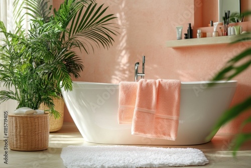 A bathroom with a white bathtub and a plant in a basket