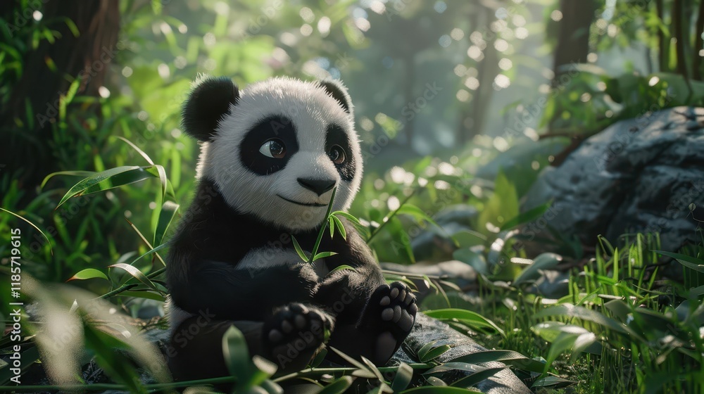 Fototapeta premium A cute panda cub sitting in a lush green forest, surrounded by bamboo and foliage.