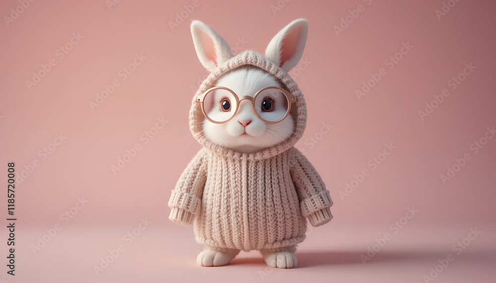 Naklejka premium Adorable Bunny in Knit Outfit and Glasses on Pink Background